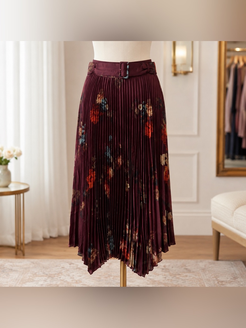 Truth by Republic Burgundy Floral Pleated Midi Skirt | Medium